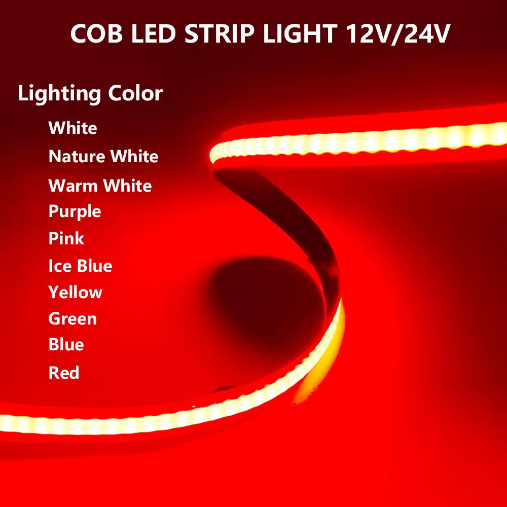 Bande lumineuse LED COB 12V 24V, rouge, bleu, vert, jaune, violet, rose, 320LED/puces/M, éclairage Flexible, haute densité, linéaire, FOB