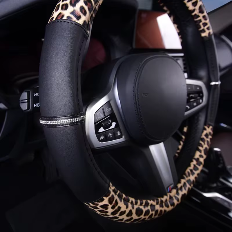 Housse de volant de voiture, motif léopard, antidérapante, 38 cm, Protection PU pour la plupart des voitures