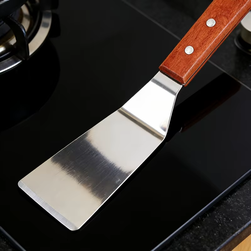 1/2 spatules en acier inoxydable avec bord incliné et manche en bois dur - Grande spatule en métal
