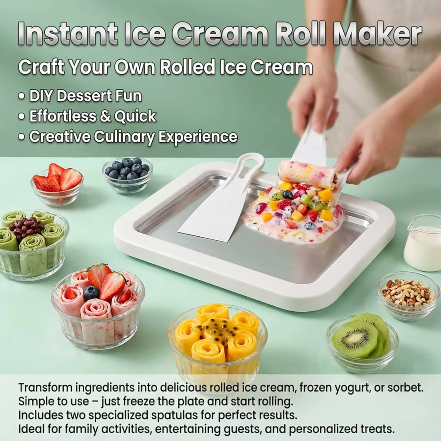 Machine à rouleaux de crème glacée portable interactive en acier inoxydable 304, plaque froide DIY pour desserts, idéale pour les anniversaires d'enfants, la maison et la famille, Sorbet