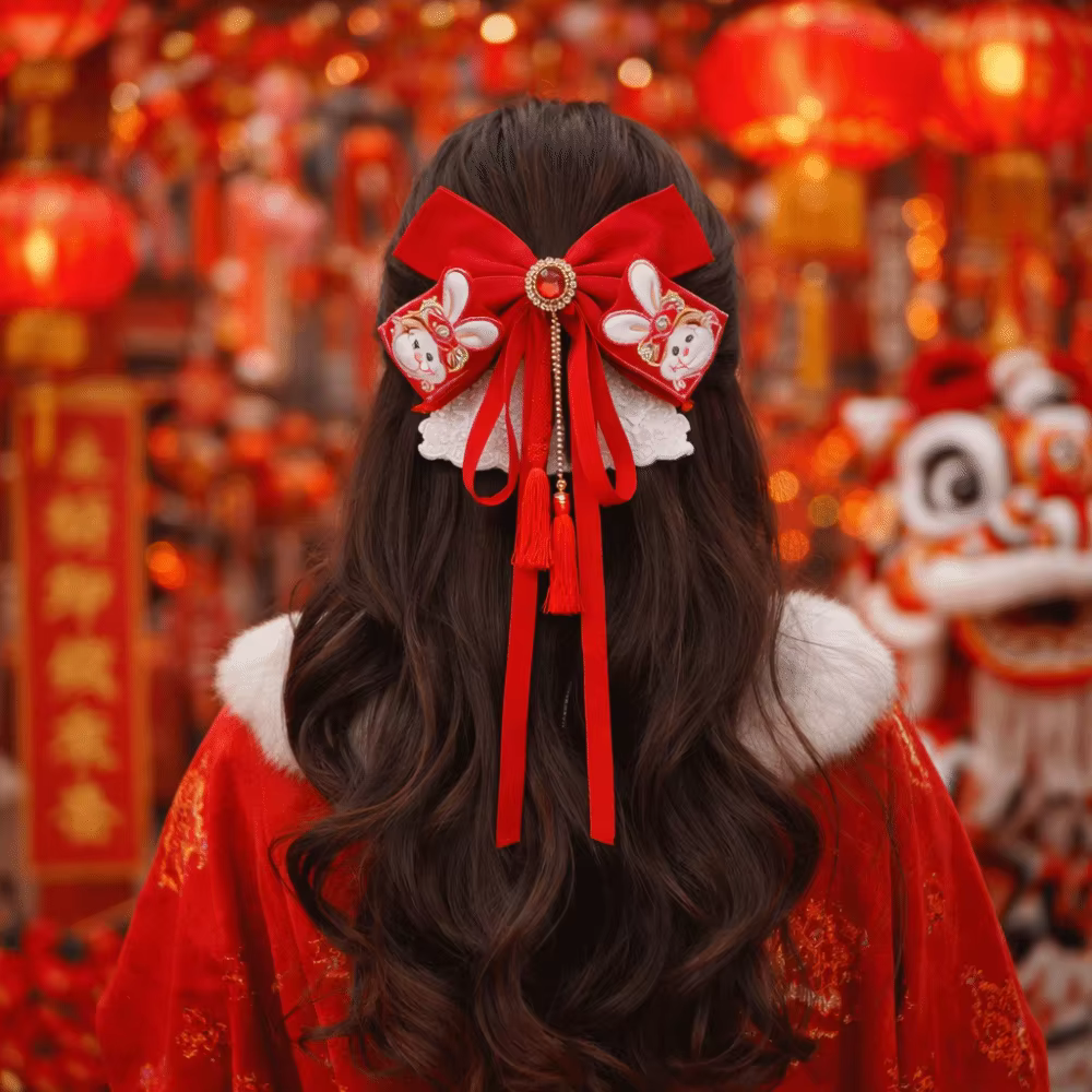Pince à cheveux avec ruban à nœud rouge mignon, ruban à pampilles, épingle à cheveux pour nouvel an, Style Chienes Hanfu, ornement de cheveux, tresse