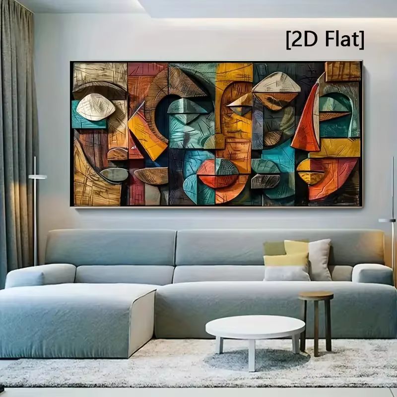 [2D plat] Décoration murale d'art en bois géométrique abstrait moderne – Impression sur toile sans cadre avec des tons