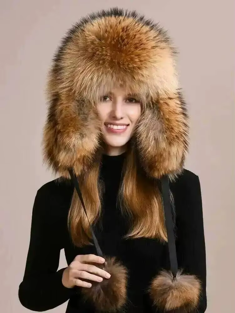 Chapeau d'hiver en vraie fourrure de renard pour femmes et hommes, casquette moelleuse et épaisse, douce, chaude, coupe-vent, protection des oreilles avec pompon en fourrure pour l'extérieur