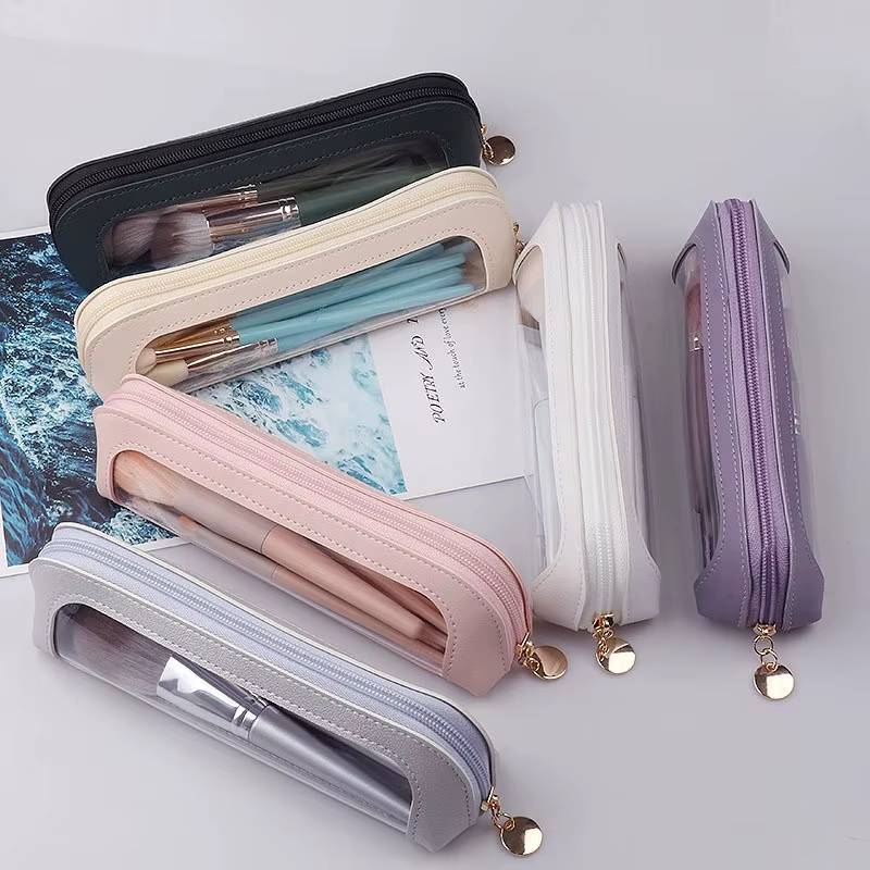 Pochette de rangement cosmétique transparente et imperméable, trousse de maquillage transparente en cuir PU, étui de voyage pour pinceaux de maquillage avec fermeture éclair